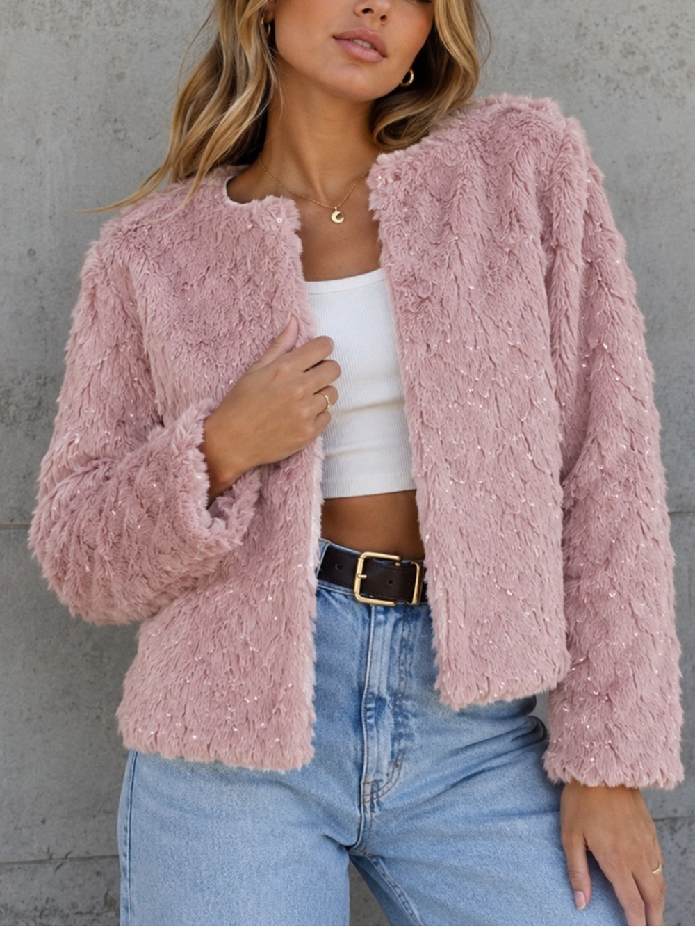 Sanctuary Pink Faux Fur Sequin Stargazer Jacket Size Small